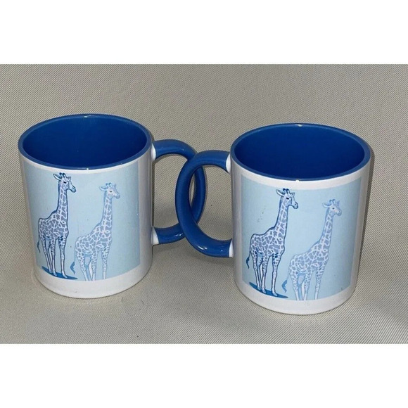 Giraffe Blue‎ & White Set Of 2 Mug Mugs Ceramic 4 Inch - Picture 1 of 5